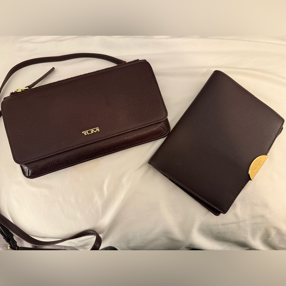 Tumi Rich Burgundy Leather Wallet Crossbody & Passport Holder (Set)